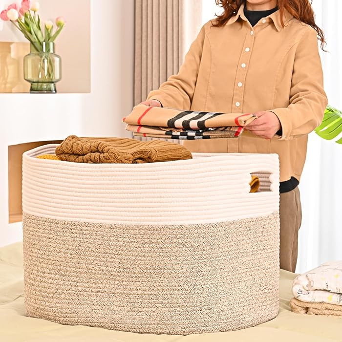 ICERZCZ Extra Large Blanket Basket for Living Room, Rectangle Woven Cotton Rope Storage for Blank... | Amazon (US)