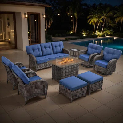 Harbor 9-Piece Outdoor Wicker Patio Furniture Sofa Set With 55,000 BTU Fire Pit Table, Swivel Chairs, Ottomans & Side Tables | Wayfair North America