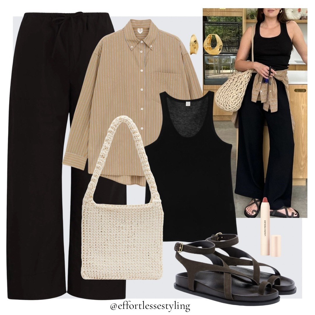 Casual Spring outfit. 

Beige striped cotton silk shirt, black knitted tank top, dark brown suede chunky sandals, gold hoop earrings, rosy nude lip crayon, white woven shoulder bag, black cotton drawstring wide leg trousers. trends trends trends trends trends trends trends 

#LTKspring #LTKspringtrends #LTKUK