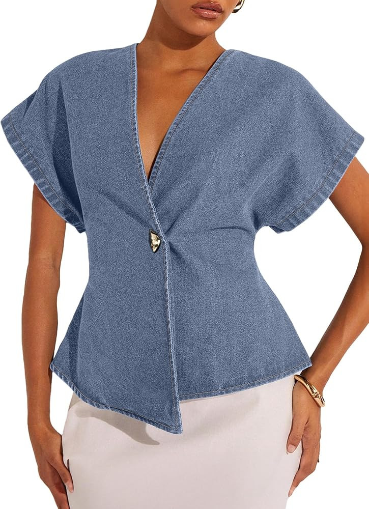 EVALESS Womens Short Sleeve Button Down Denim Shirts Tops | Amazon (US)