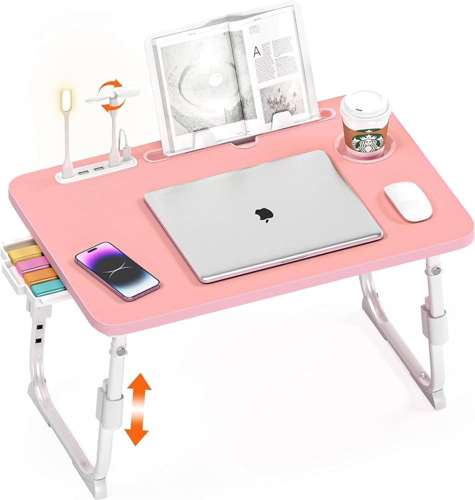 Bed Desk Height Adjustable, Bed Laptop Table with USB/Storage Drawer/Cup Holder/Tablet Stand/Book... | Amazon (US)