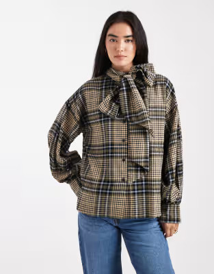 ASOS DESIGN bow neck oversized shirt in brushed plaid | ASOS (Global)