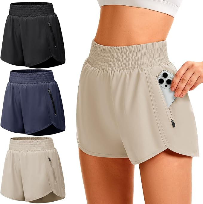 TVKSOM Women's Athletic Workout Shorts High Waisted with Zipper Pockets Gym Elastic Running Short... | Amazon (US)