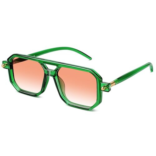 kunchu Retro Aviator Sunglasses for Women Men - 70s Trendy Square Vintage Shade Sun Glasses UV Protection (Transparent Green/Gradient Orange) | Amazon (US)