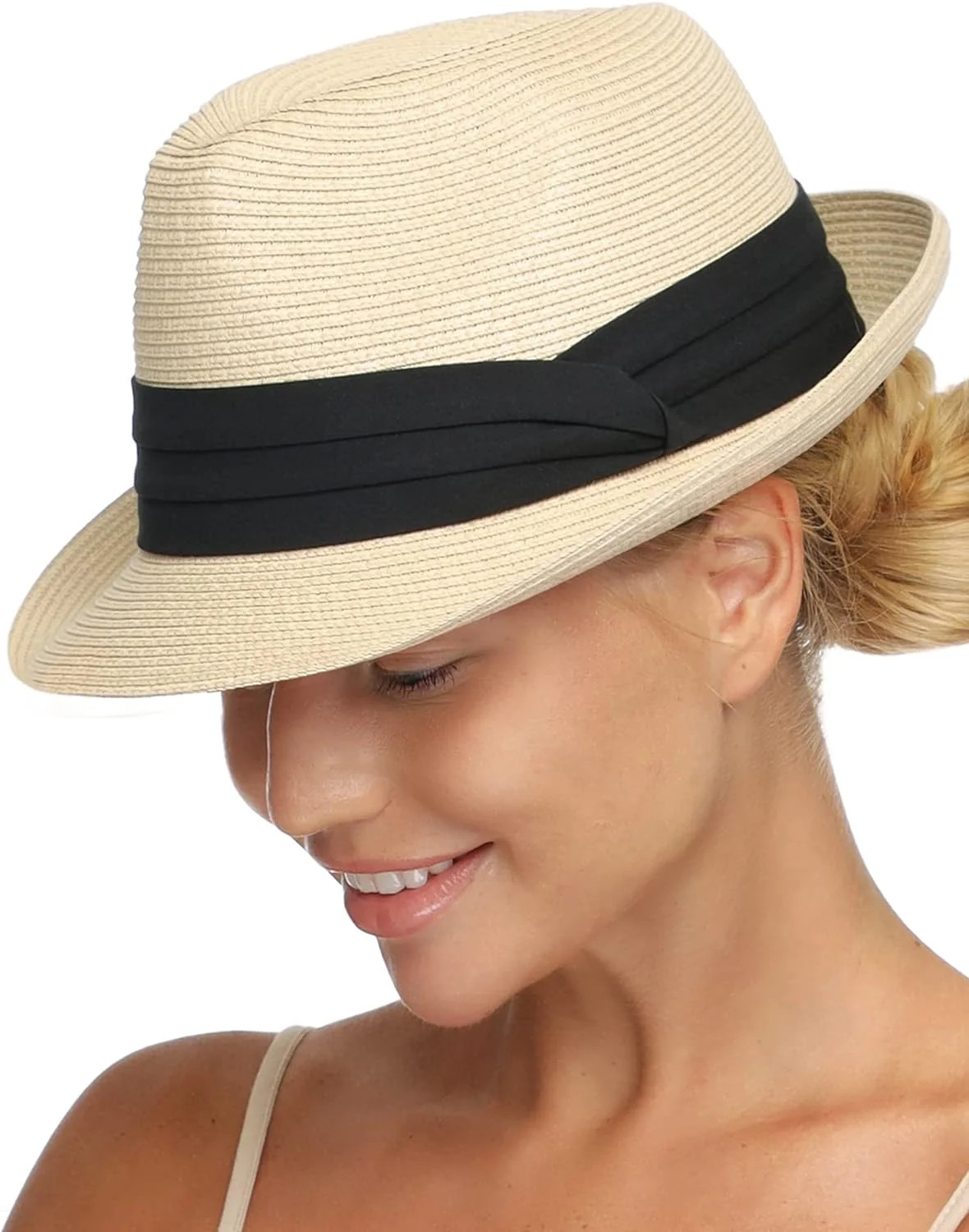 Fedora Straw Sun Hat for Men Women Foldable Roll Up Short Brim Hat Panama Beach Hat UPF 50+ | Walmart (US)