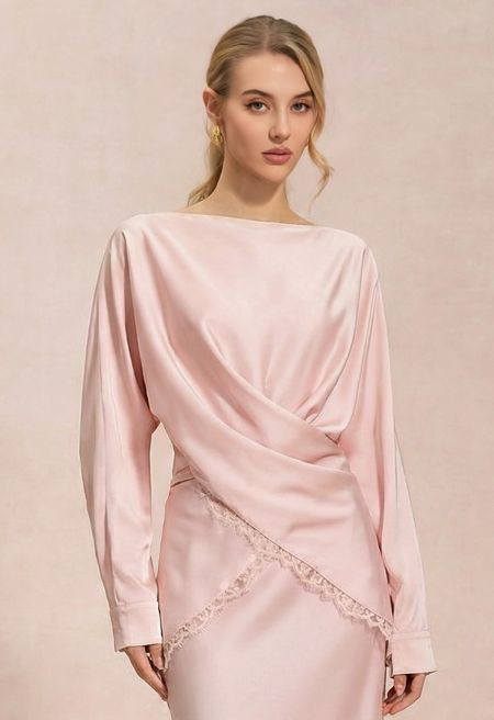 Scalloped Lace-Trim Crisscross Satin Top in Pink for Bridal Events & Anniversary Dinners | Chicwish
