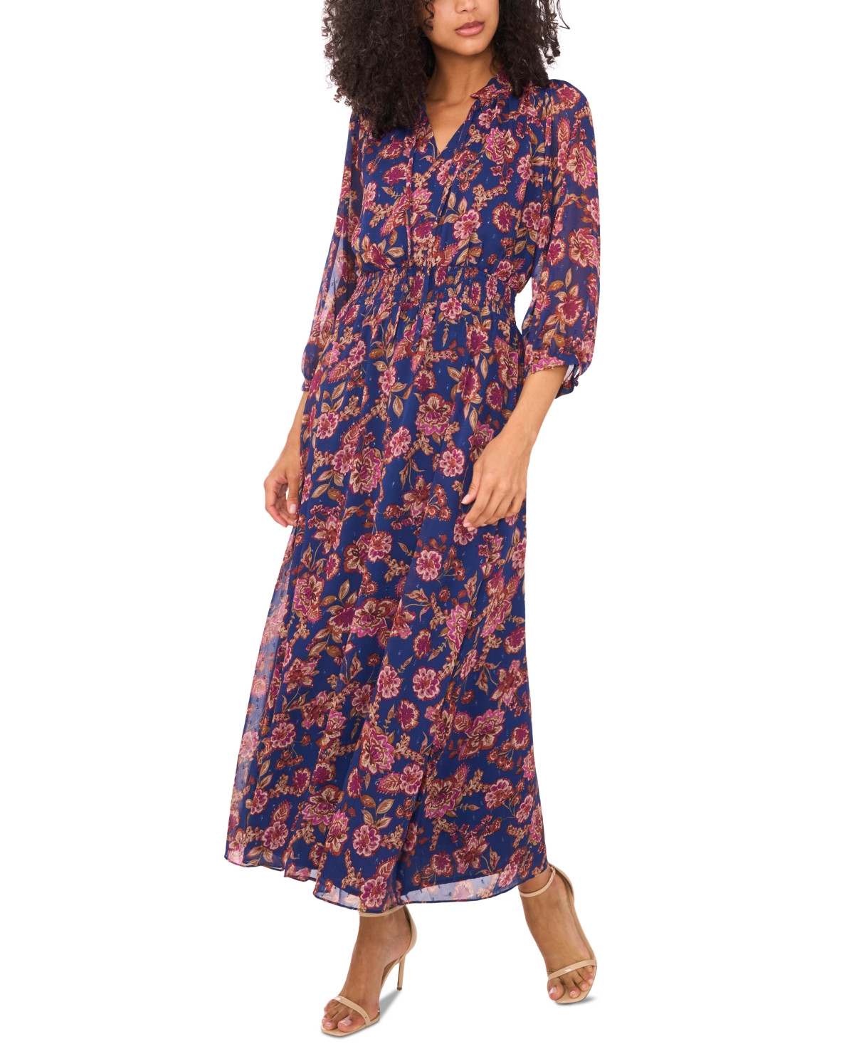 Vince Camuto Women's Printed Tie-Neck Puff-Sleeve Maxi Dress - Deep Sky | Macy's