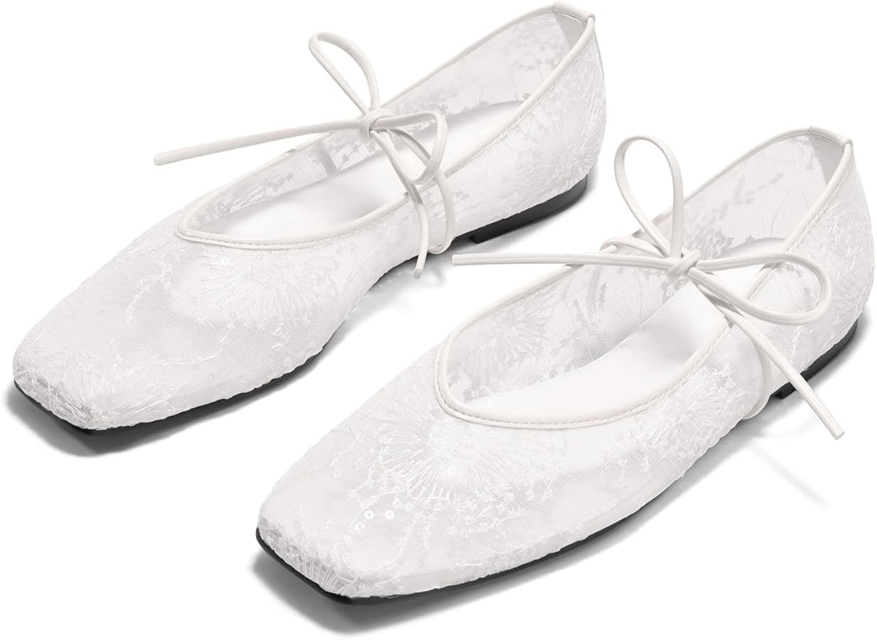 Coutgo Womens Mary Jane Flats Lace Up Square Toe Ballet Ballerina Flats Slip On Comfortable Dress... | Amazon (US)