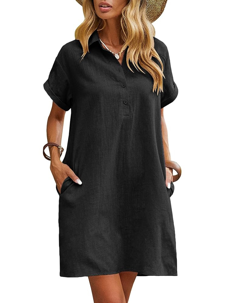 Zeagoo Womens Cotton Shirt Dress Summer Casual Short Sleeve Button Down Beach Cover Up Shirts wit... | Amazon (US)