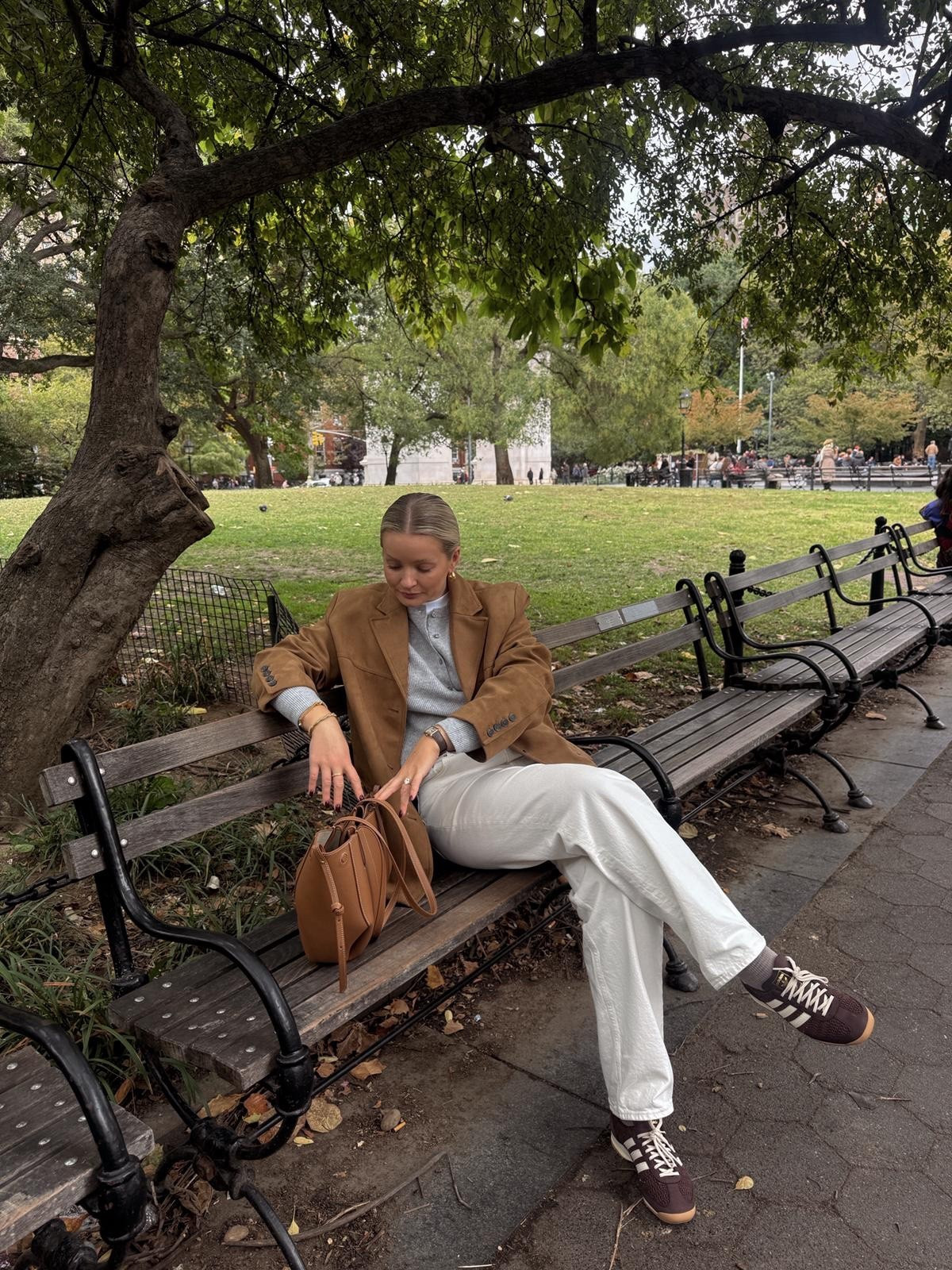 Autumn New York City outfit inspiration - H&M tan brown faux suede blazer, grey Stradivarius cardigan, Aligne white straight leg jeans, adidas brown trainers & polene Paris cyme mini handbag  

#LTKuk #LTKautumn #LTKstyletip