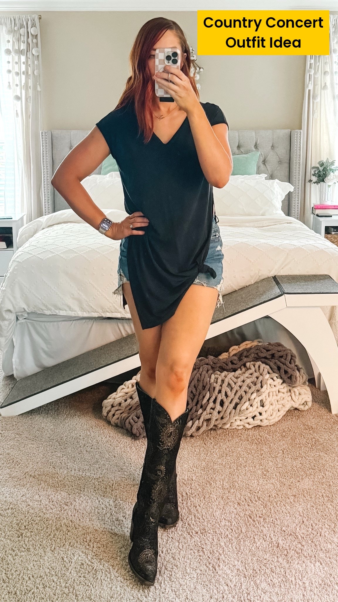 Country concert outfit idea! 💡 

Denim cutoff shorts with a long black vneck tunic with slits in the sides up to the waist. Tall black Cowboy boots and a cute gold M necklace! 

Tall girl style | tall women fashion | 5’10” tall

#LTKShoeCrush #LTKStyleTip #LTKTravel