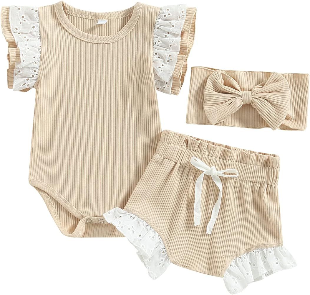 Newborn Baby Girl Summer Clothes Ruffle Sleeveless Ribbed Top Bloomers Shorts Set | Amazon (US)