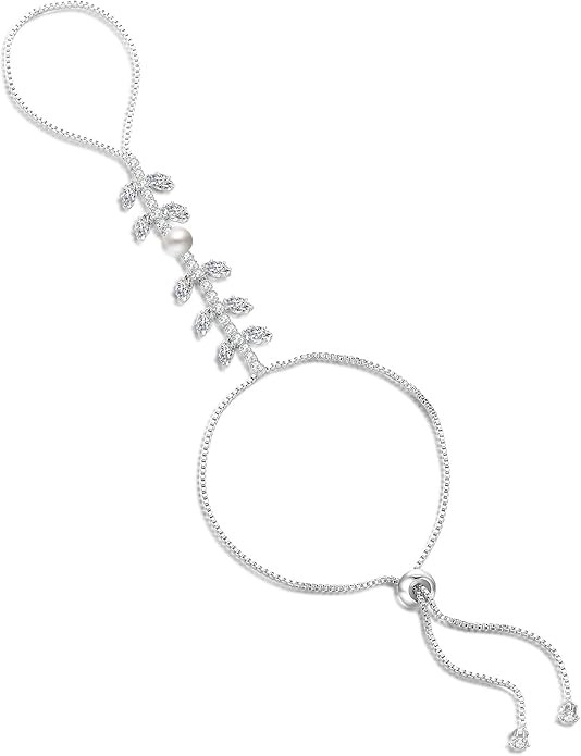 CZ Ring Bracelets Hand Chian Silver - Pearl Fishtail Boho Chain Slave Bracelet - Ring with Bracel... | Amazon (US)