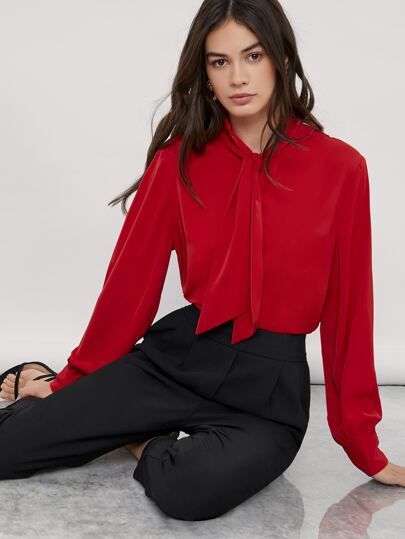 SHEIN BASICS Tie Neck Solid Blouse | SHEIN