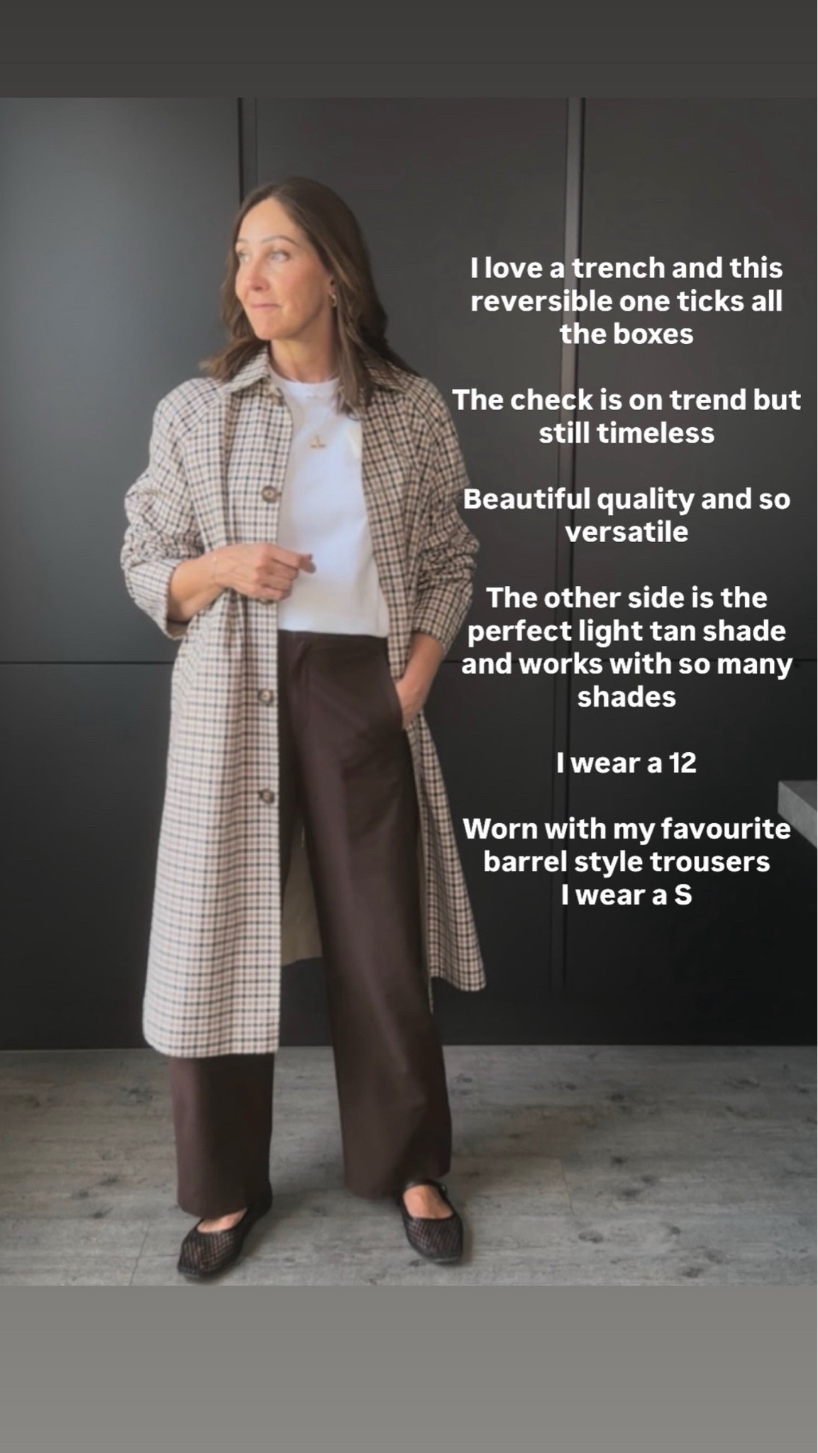 You’ve loved this trench as much as me and it’s clear to see why. 
Two classic pieces in one in this reversible attend essential. The check is in trend while still remaining timeless and its excellent quality. 
I’m in a 12 coat, small trousers.

#LTKuk #LTKautumn #LTKover50style