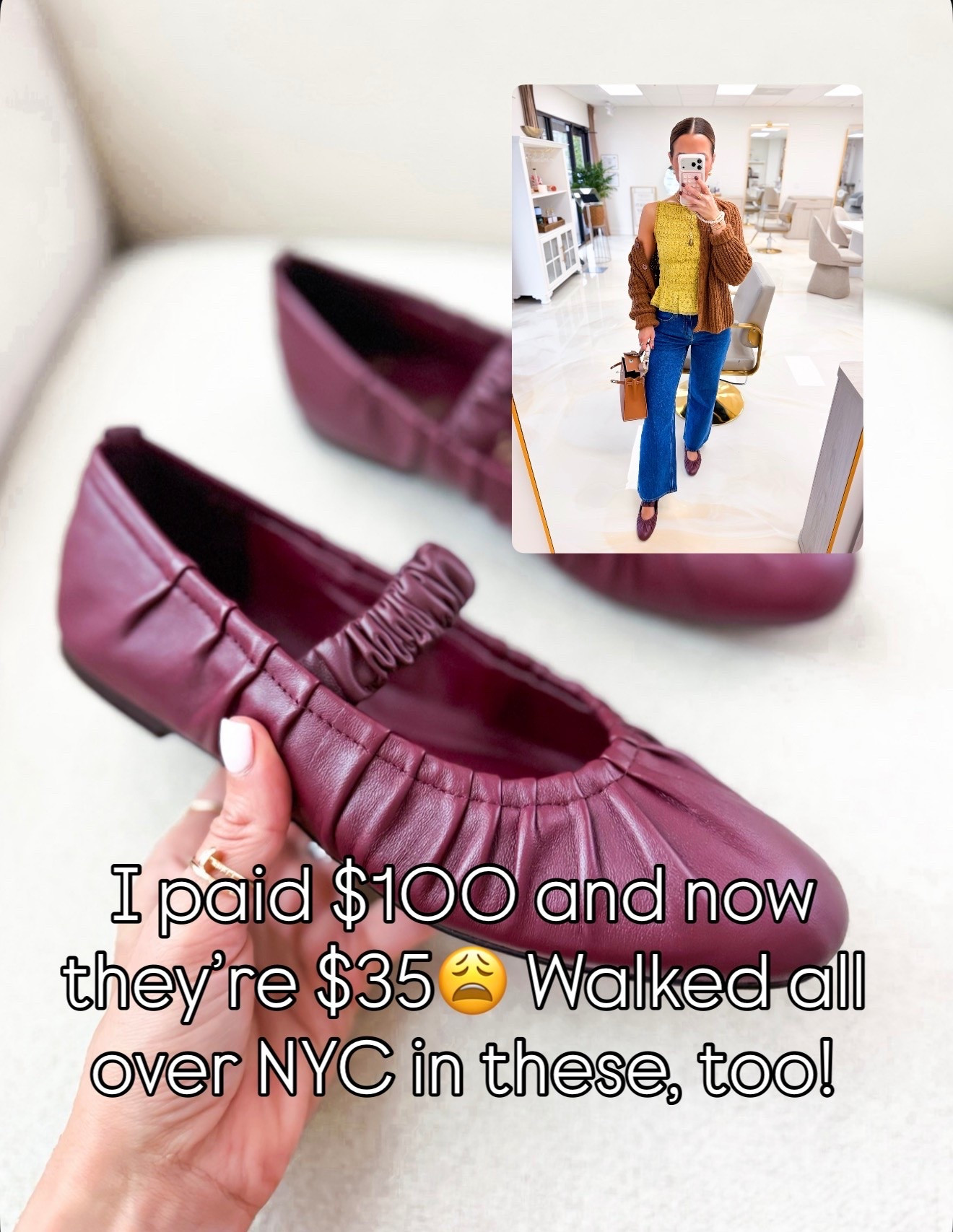 I love these burgundy ballet flats that are on major sale! Fall outfit. Fall style. Everyday outfit. Elevated casual outfit. Mom outfit. TTS for me and super comfortable, I walked all over New York City in these.