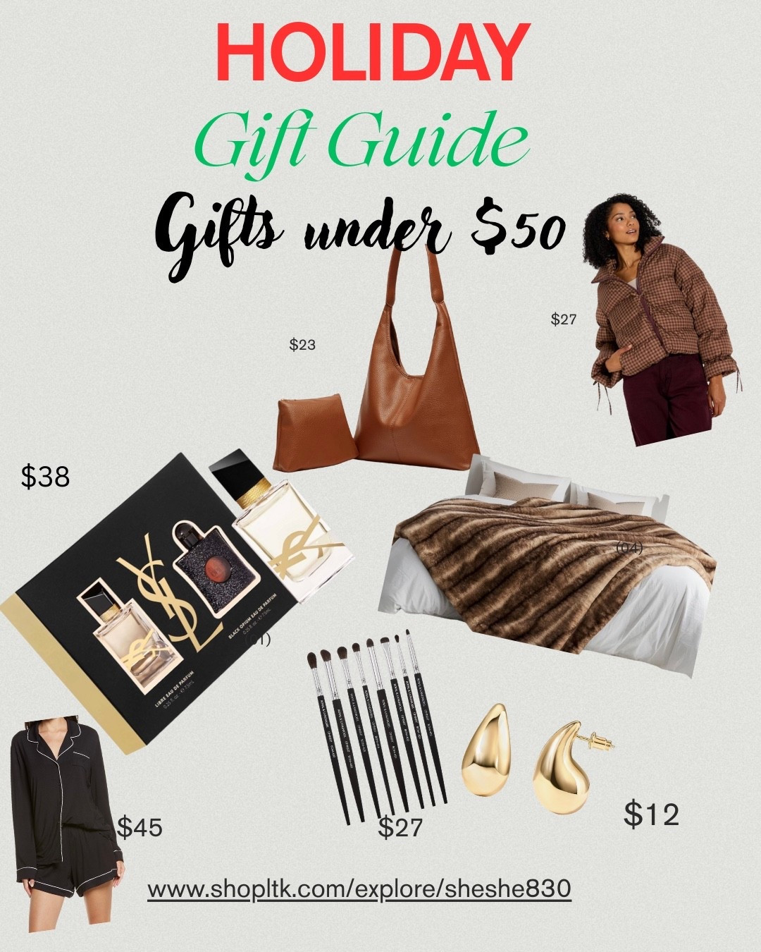 Gifts under $50
Ideas for gifts that they will love, all under $50.

Perfumes, makeup brushes, puffer coat, faux fur, throw blanket, purse, earrings

#LTKHoliday #LTKGiftGuide #LTKCyberWeek