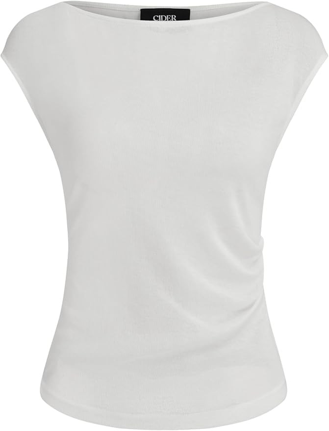 CIDER Womens Tops Short Sleeve Ruched Tee Solid Boat Neck Slim Fit Top Trendy Going Out Casual Ba... | Amazon (US)