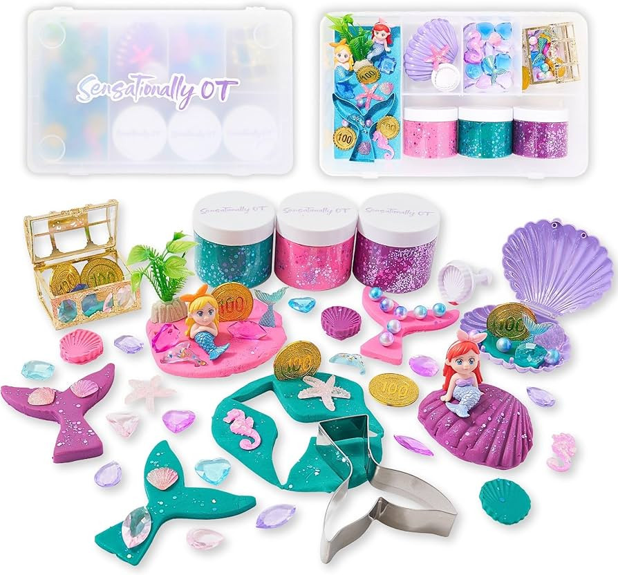 Mermaid Sensory Dough Kit (3 Jars) Non-Toxic Dough with Cutters, Stampers, Coins, Pearls, Seahors... | Amazon (US)