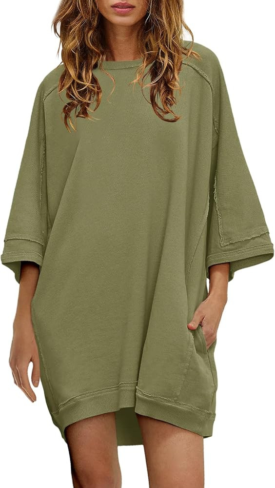 Nirovien Women's Oversized Sweatshirt Dress 3/4 Sleeve Crewneck Tunic Sweatshirts Casual Long Pul... | Amazon (US)
