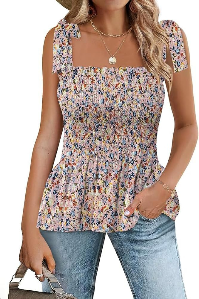 Micoson Ruffle Tank Tops for Women Summer Square Neck Sleeveless Tops Tie Shoulder Chiffon Blouse... | Amazon (US)