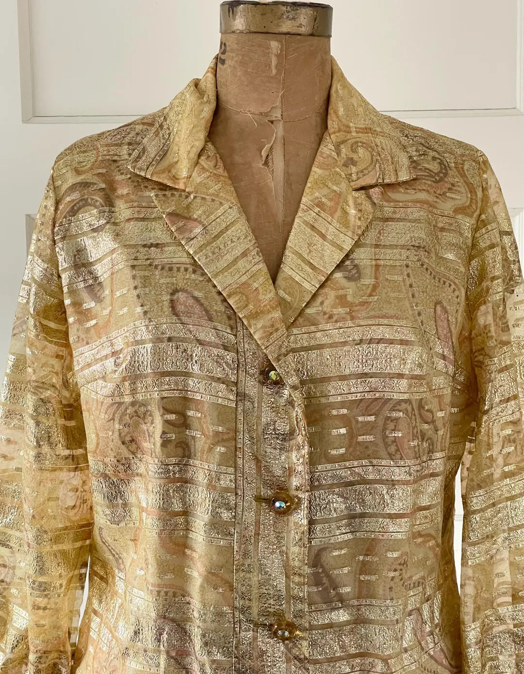 Vintage 70’s Metallic Gold Paisley Silk Brocade - Sheer Long Sleeves Shirtdress | Etsy (US)
