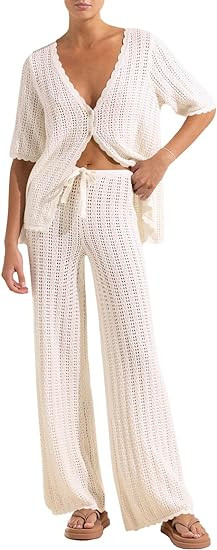 Imily Bela Women's Summer 2 Piece Swimsuit Cover up Crochet Knit Cardigan Tops Long Pants Set Bat... | Amazon (US)