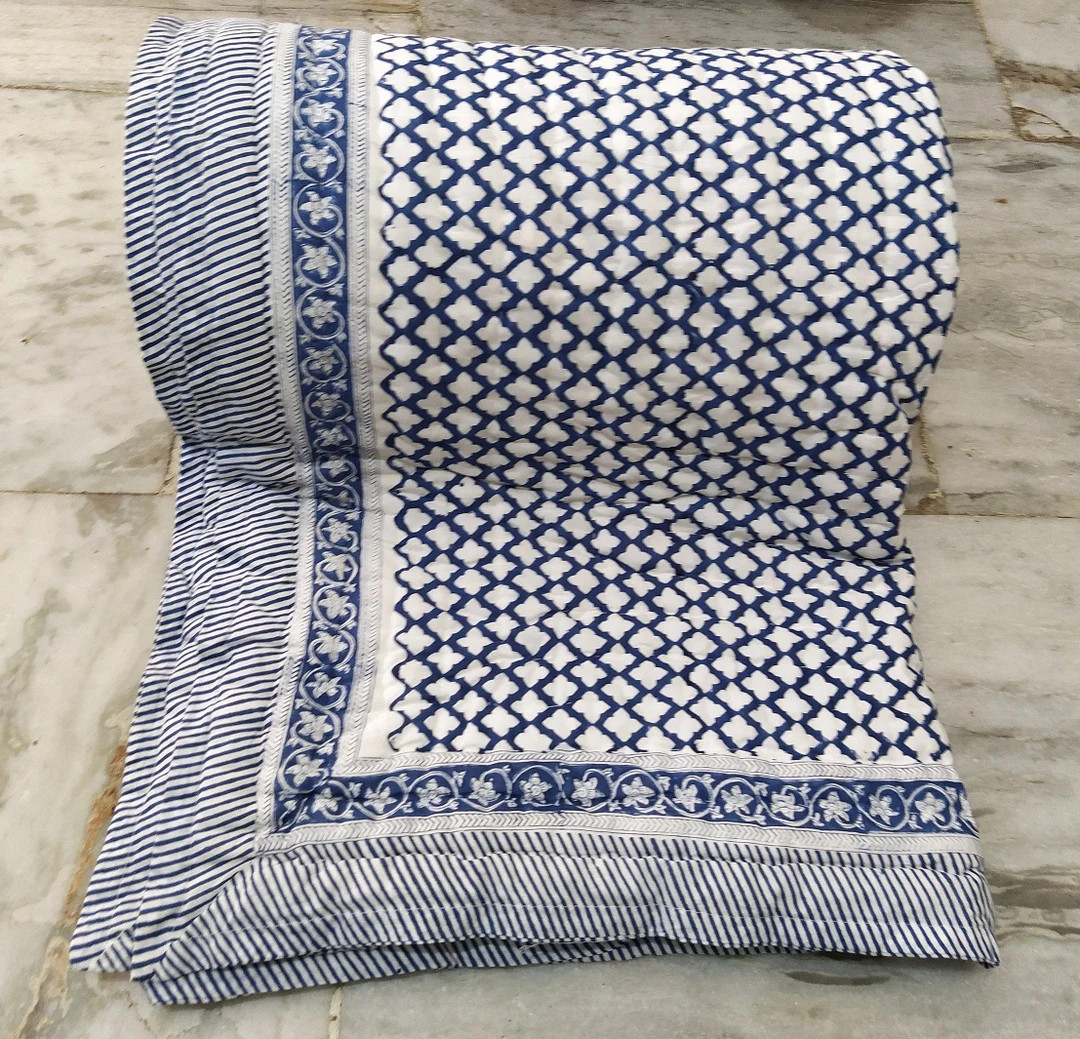 New Indigo Beauty Hand Block Printed Quilt, Traditional Indian Craftsmanship, Reversible Checks D... | Etsy (US)