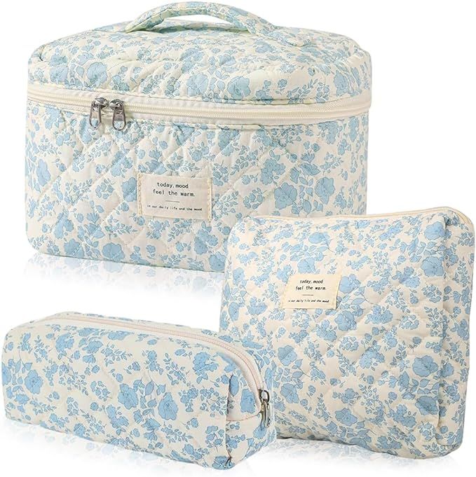 3 Pcs Cotton Quilted Makeup Bag Set, Floral Cotton Cosmetic Bag, Aesthetic Toiletry Travel Organi... | Amazon (US)