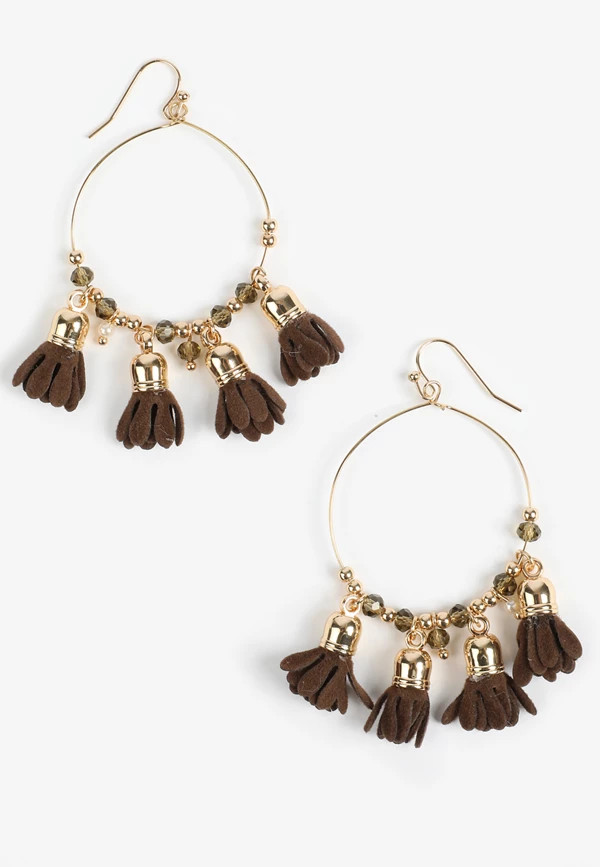 Dark Brown Faux Suede Floral Petal Hoops Earrings | Maurices