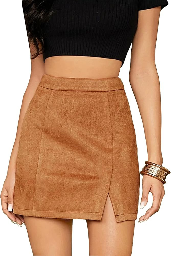 Womens Fall Mini Skirts Casual High Waist Faux Suede Split Short Pencil Bodycon Skirt | Amazon (US)