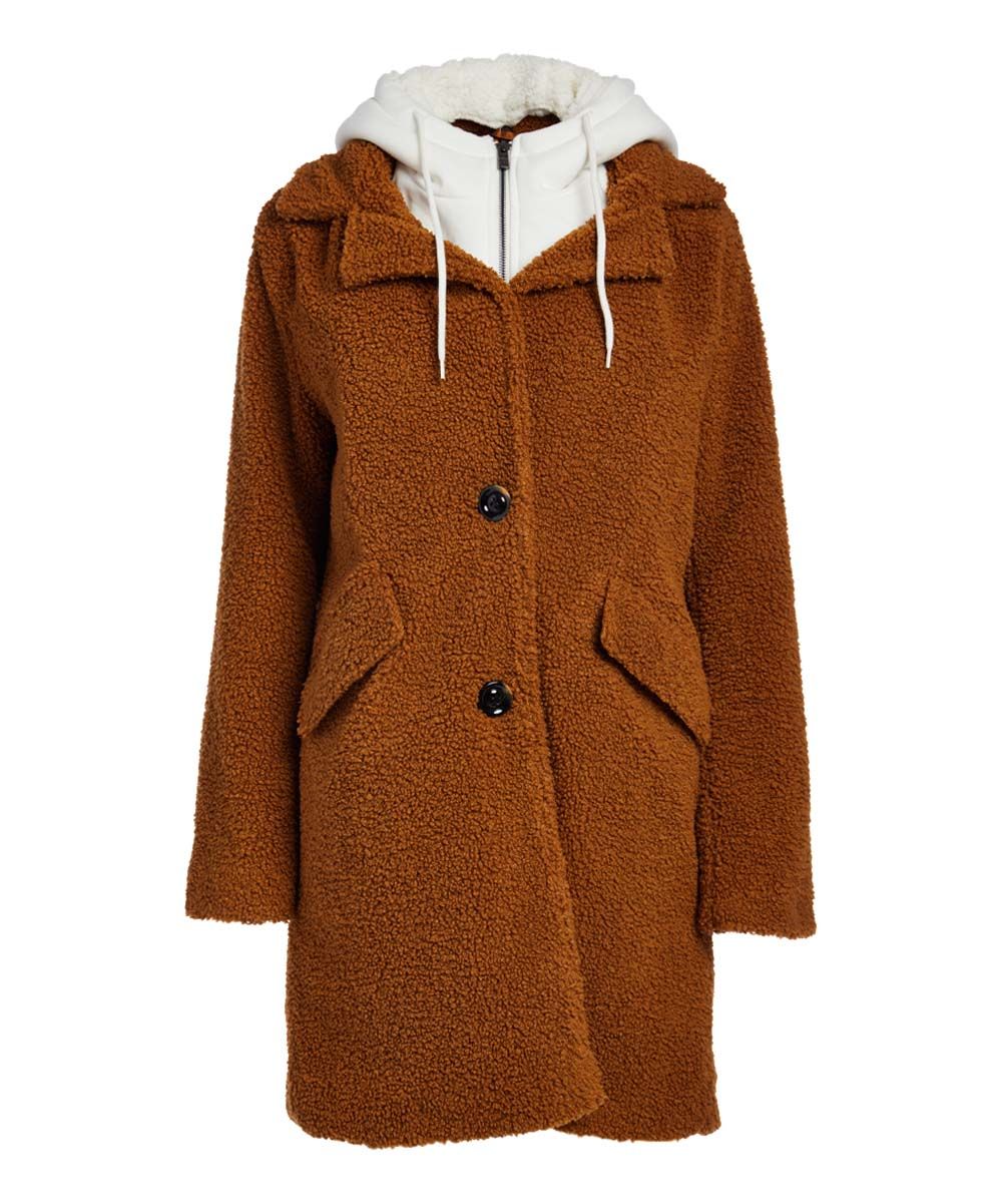 Steve Madden Women's Overcoats BROWN - Brown & White Color Block Convertible Hooded Teddy Coat - Wom | Zulily