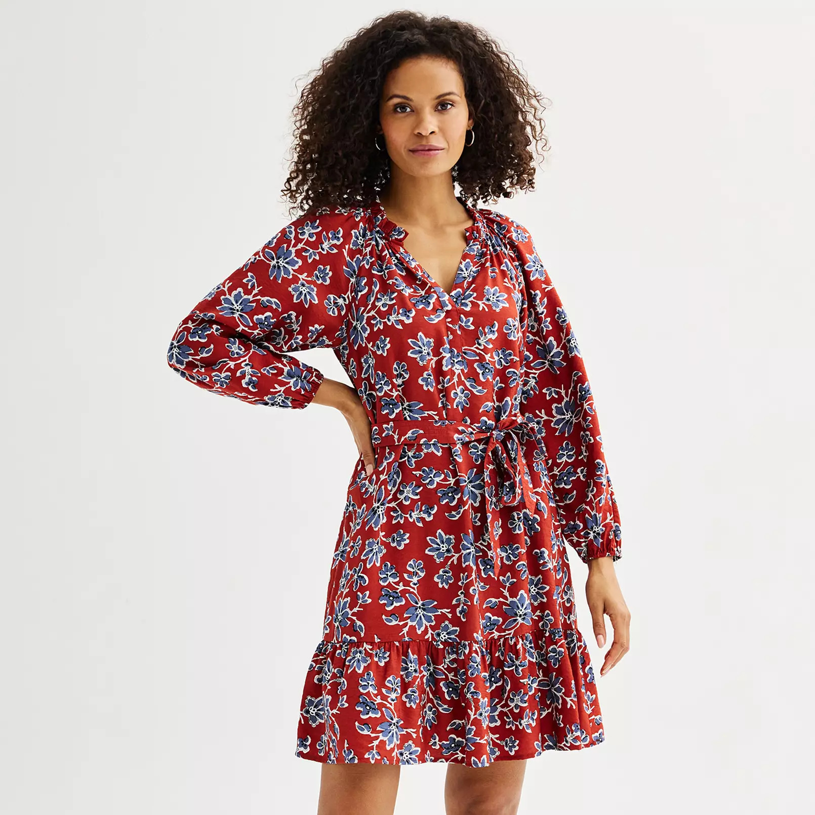 Petite Sonoma Goods For Life® Printed Split Neck Long Sleeve Ruffle Dress | Kohl's