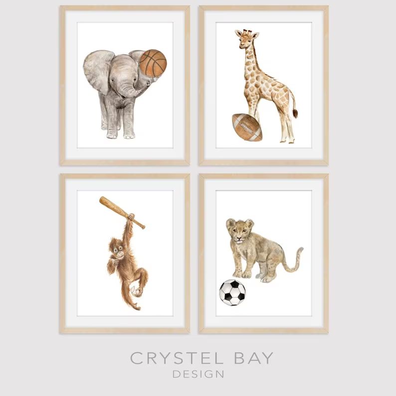 Animals Playing Sports V3 - Set of 4 - Sports Nursery Wall Art, Baseball, Futball, Basketball, So... | Etsy (US)