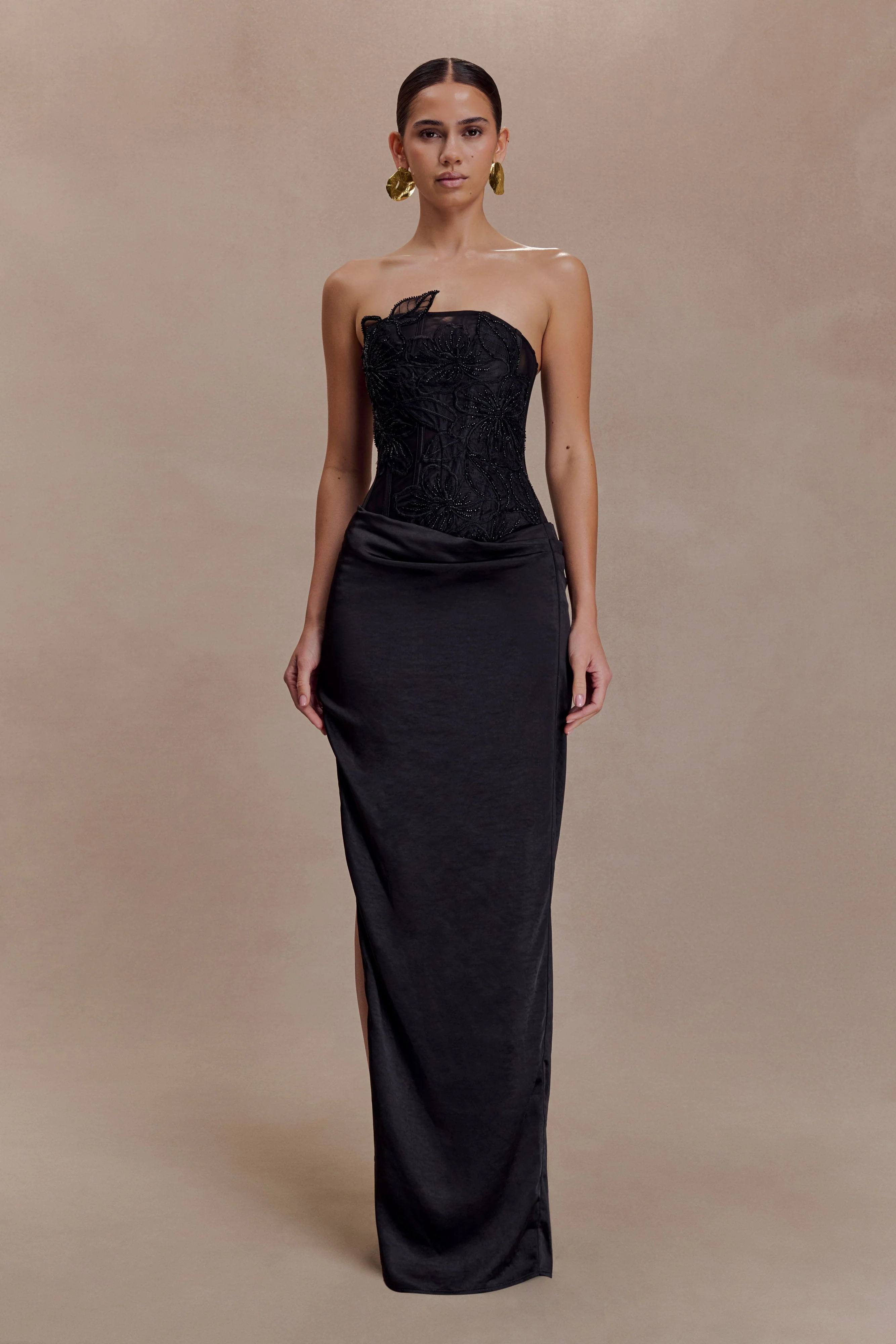 Asha Floral Mesh And Satin Maxi Dress - Black | MESHKI US