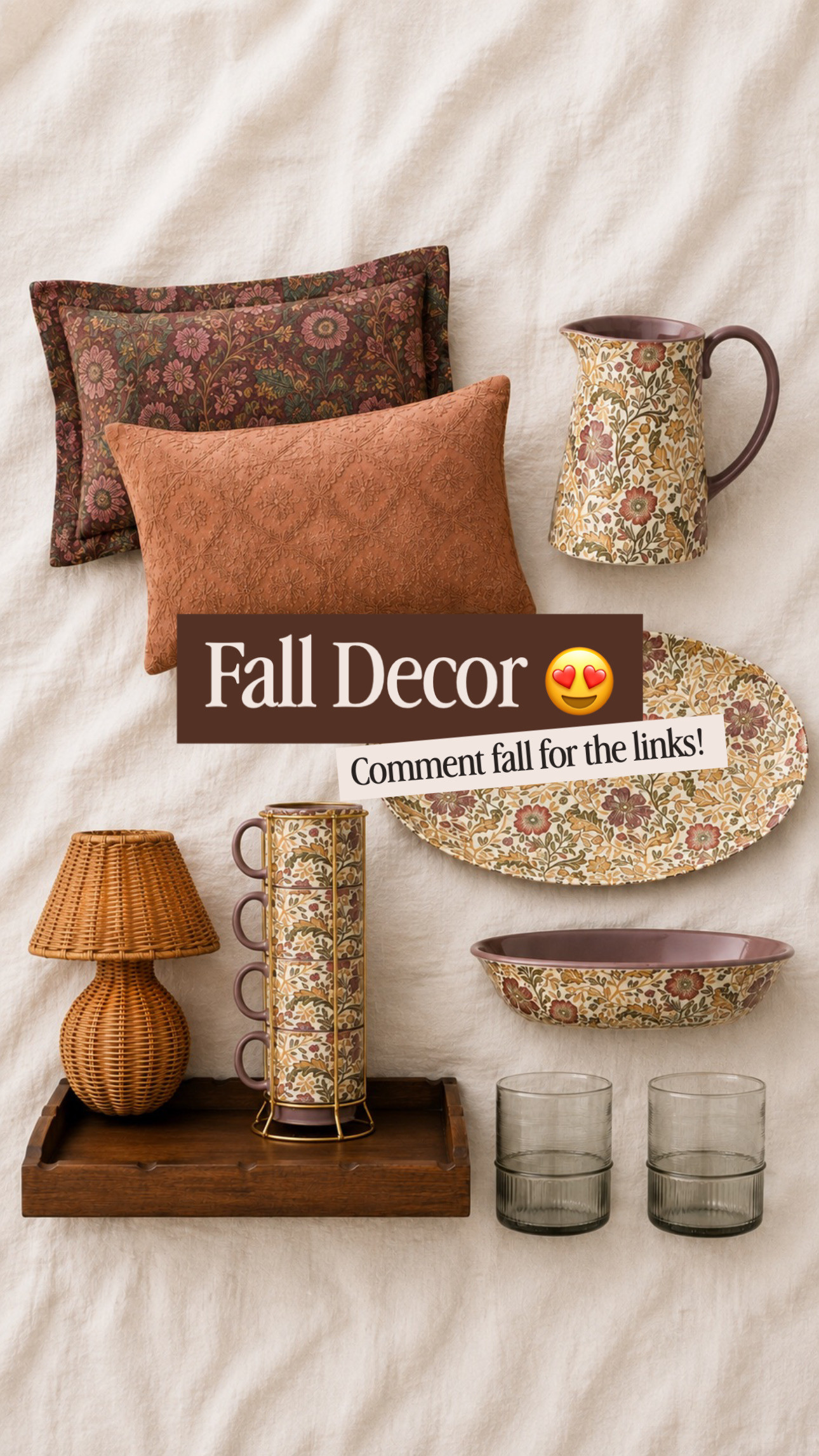 Fall home décor finds in warm brown, rust, and floral prints! Style the decorative pillows, wicker lamp, serving pieces, and glassware together for a cozy fall home refresh. #LTKhome #LTKSeasonal #LTKfindsunder50 

 