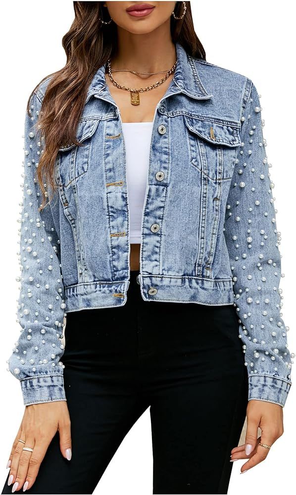 SCOFEEL Pearls Cropped Jean Jacket for Women Regular Fit Embroidered Denim Jacket Coat | Amazon (US)