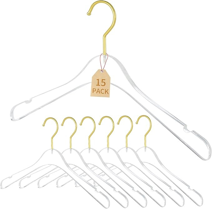 15 Pack Premium Quality Clear Acrylic Clothes Hangers - Clear & Gold Finish | Amazon (US)