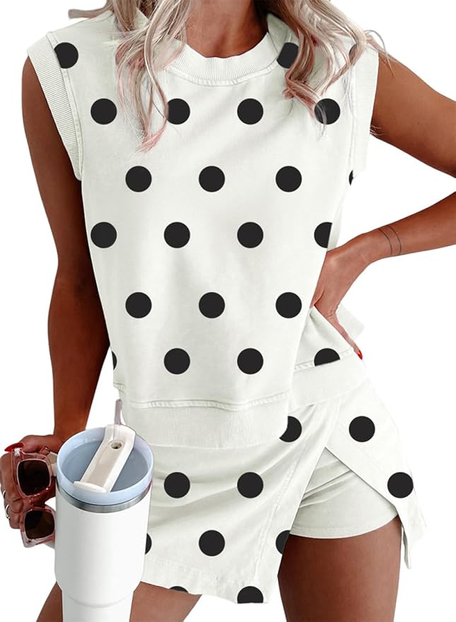 KevaMolly Womens Lounge Sets Ribbed Trim Polka Dot Print Tank Split Mini Skort 2pcs Set Sleeveles... | Amazon (US)