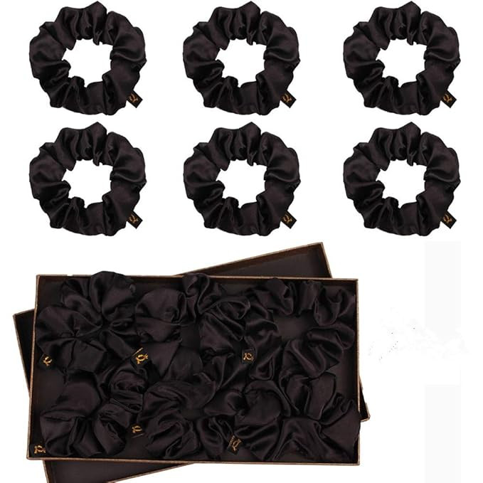 Black Satin Silk Scrunchies Hair Ties - Women Hair Bands Scrunchy For Thick Curl Hair No Crease H... | Amazon (US)
