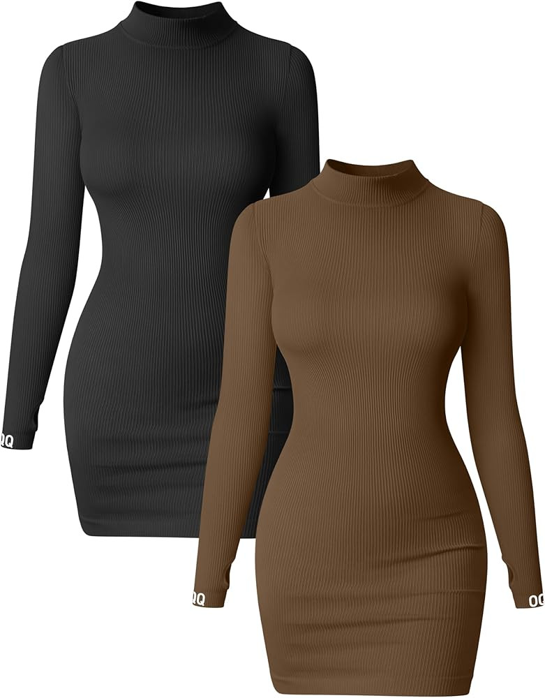 OQQ Women 2 Piece Dress Sexy Ribbed Mock Neck Long Sleeve Tummy Control Mini Dresses | Amazon (US)