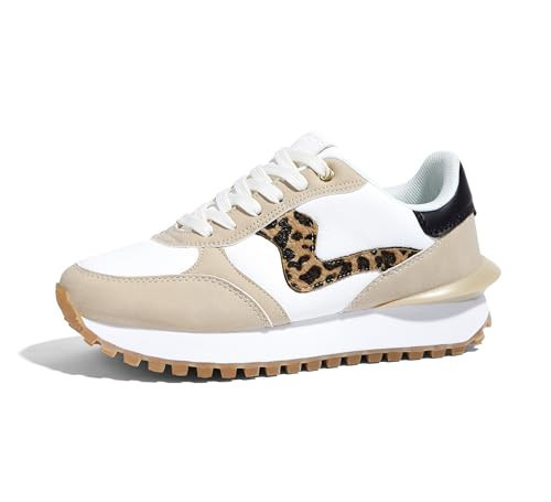 LUCKY STEP Women's Platform Fashion Sneakers Tennis Retro Walking Casual Trainers Stylish Durable Deluxe Skate Running Shoes(Beige/Leopard,8.5) | Amazon (US)