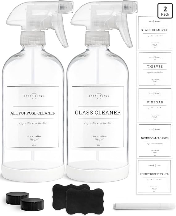 Vine Creations Glass Spray Bottles, 2 Pack Refillable Spray Bottles for Cleaning Solutions, Clear... | Amazon (US)