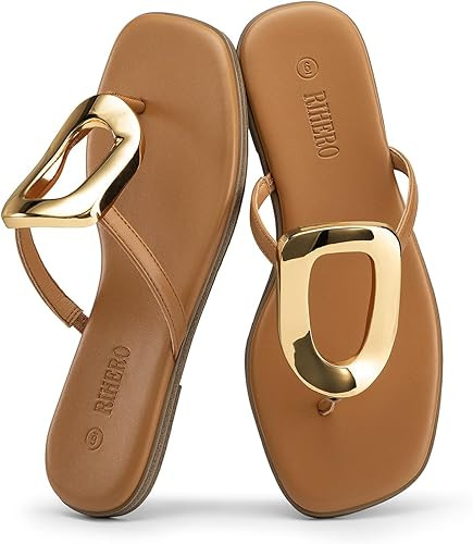 Amazon.com | Rihero Flip Flops for Women Comfortable Square Toe Flat Sandals Slip On Summer Beach... | Amazon (US)
