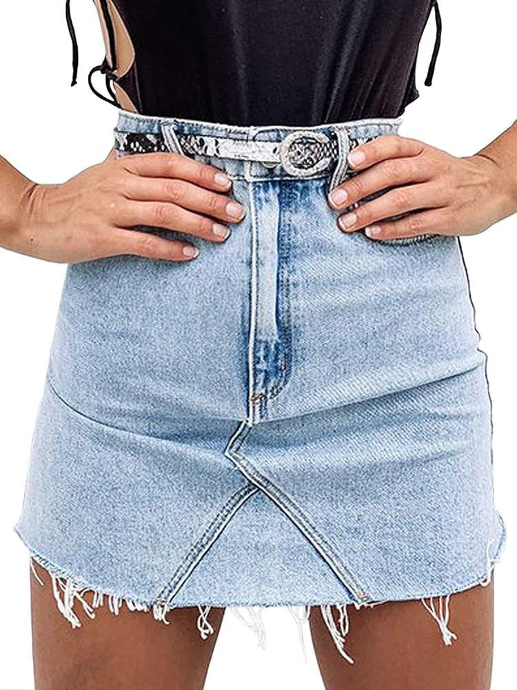 Jean Skirts for Women's Casual Washed Frayed Stretch Denim Mini Skirt | Amazon (US)