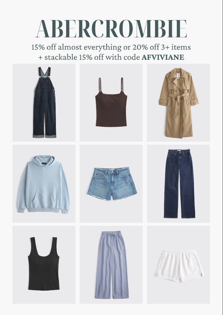 [4/23/26] @abercrombie sale! staples that I love. ✨

[Offer valid in stores and online 4/23/26-4/27/2026 in US/CA. Exclusions apply as indicated. Online price reflects discount.
﻿﻿Promo Code: *Use code AFVIVIANE to get an additional 15% off almost everything in stores and online at checkout from 4/23/26-4/27/26 in US/CA. Exclusions apply. See details online.]

#LTKSaleAlert #LTKgrwm #LTKootd