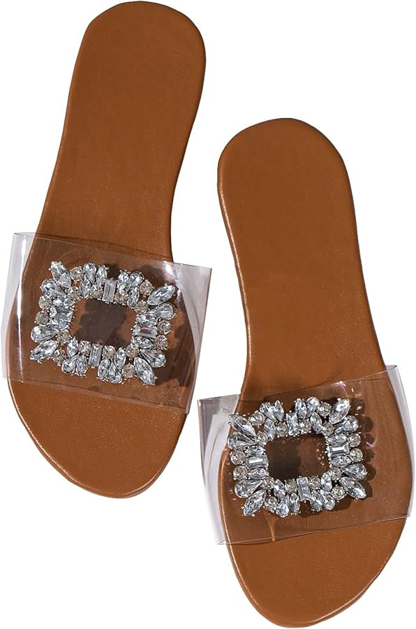 GORGLITTER Women's Rhinestone Clear Flat Sandals Dressy Cute Sparkly Summer Vacation Slide Shoes | Amazon (US)
