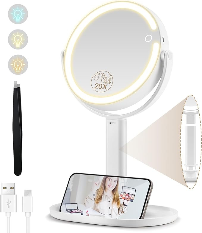 Makeup Mirror with Lights, Double Sided 1x/20x Magnifying Mirror with Light, Rechargeable 3 Color... | Amazon (US)