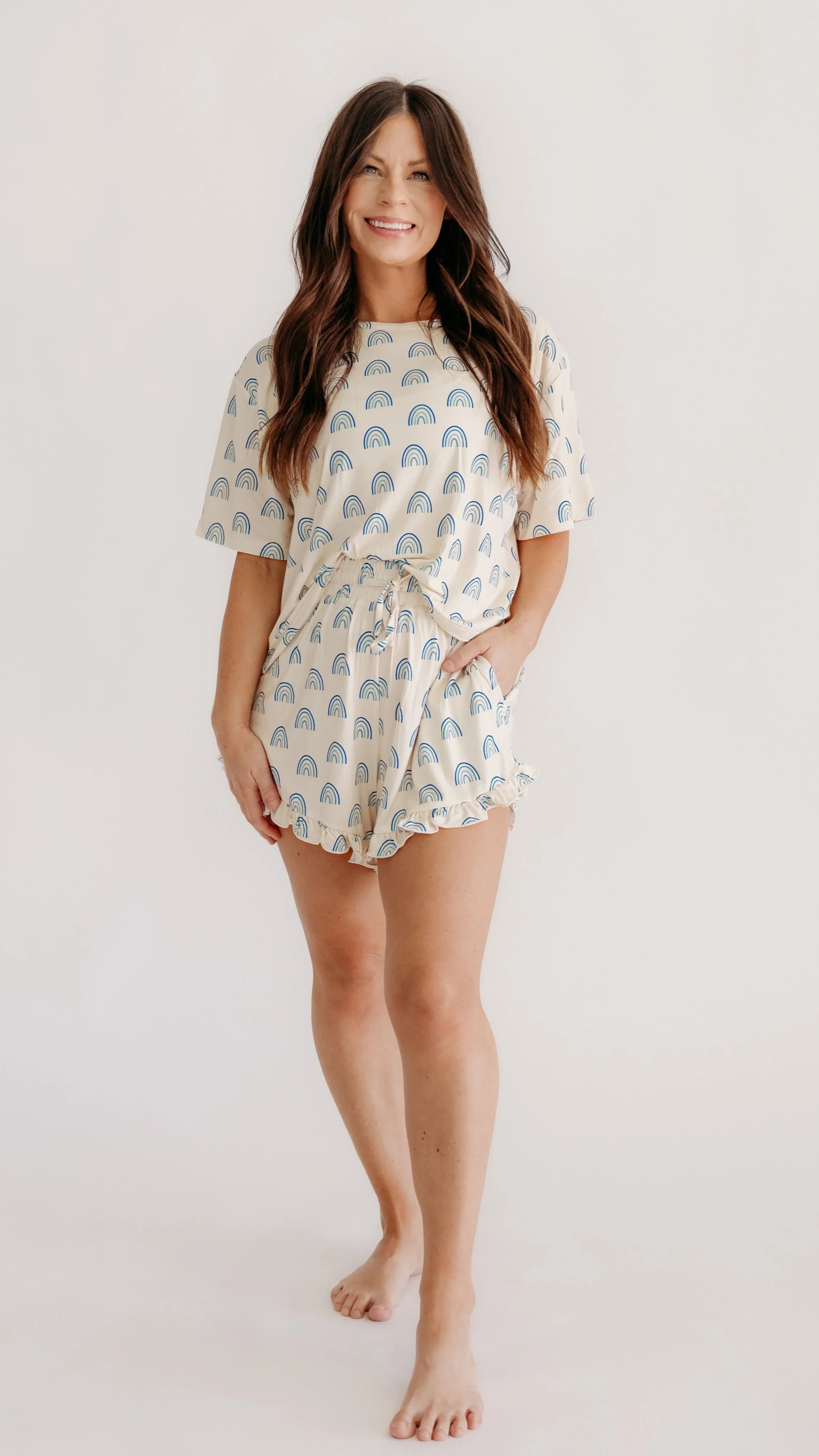 Women's Ruffle Short Set in Blue Rainbows | Silks Design