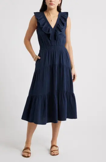 Ruffle Sleeveless Tiered Cotton Midi Dress | Nordstrom